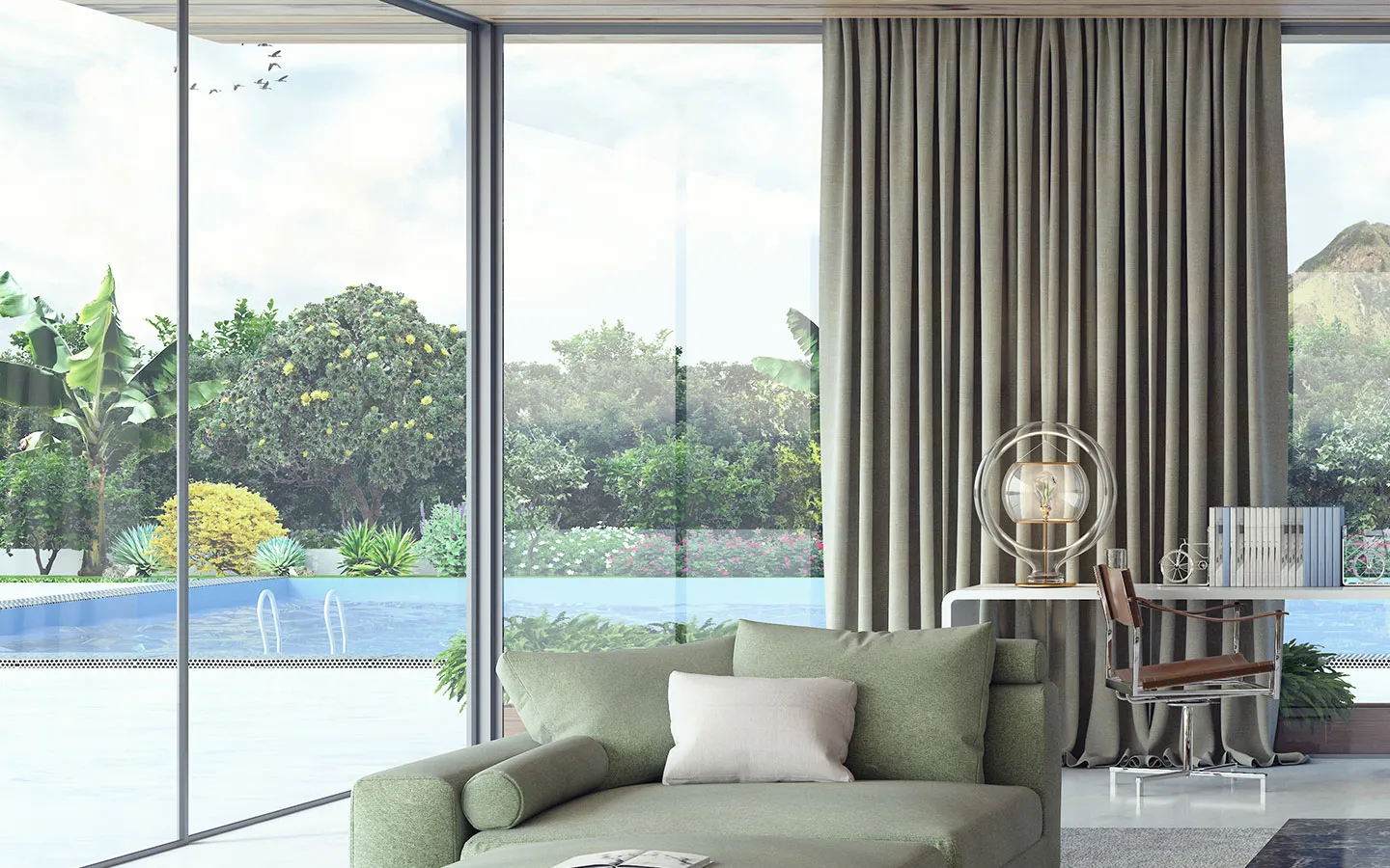 Dining area with a round marble table and sheer curtains lining the windows